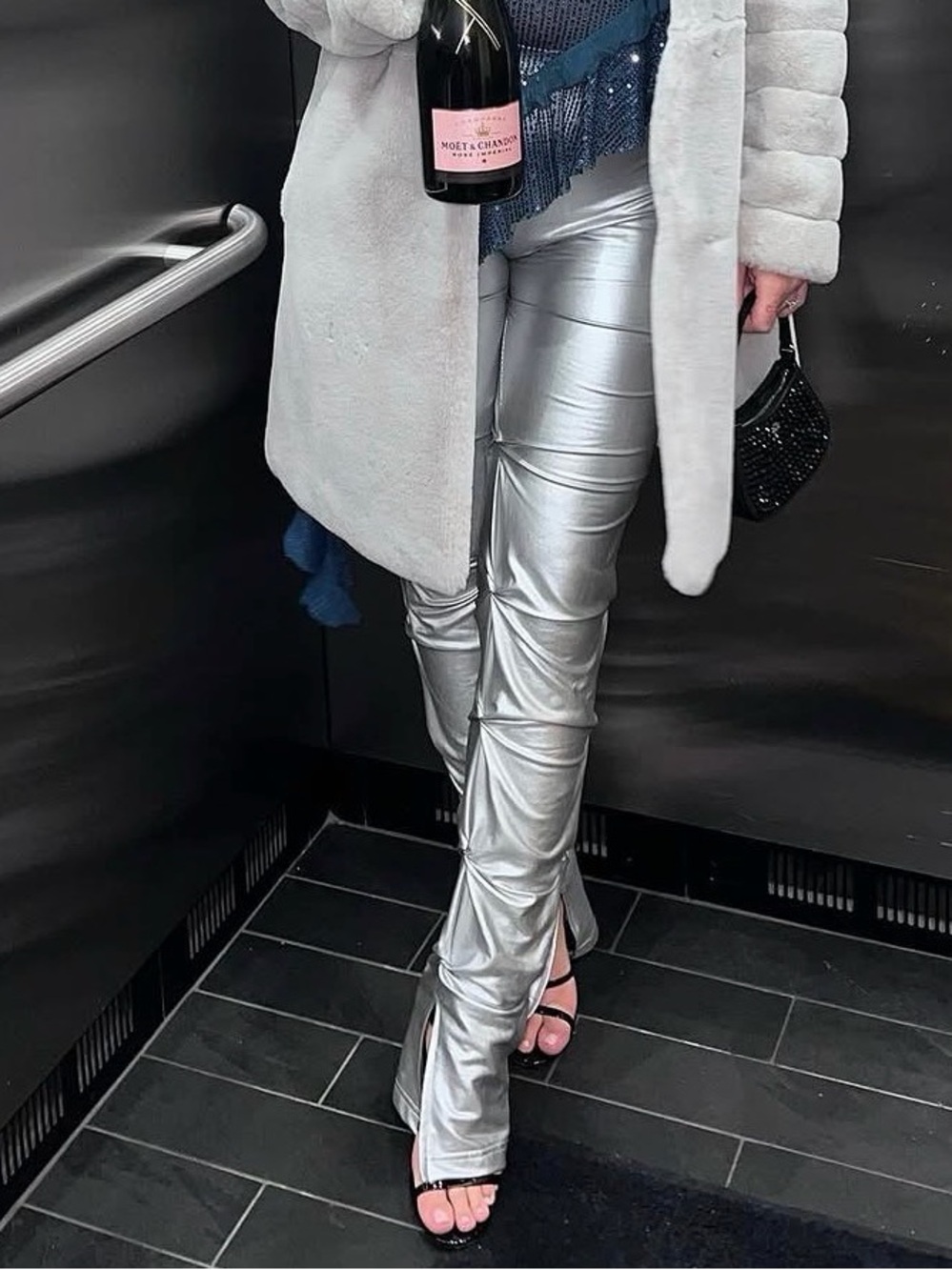 Metallic Silver High-Rise Slim Pants